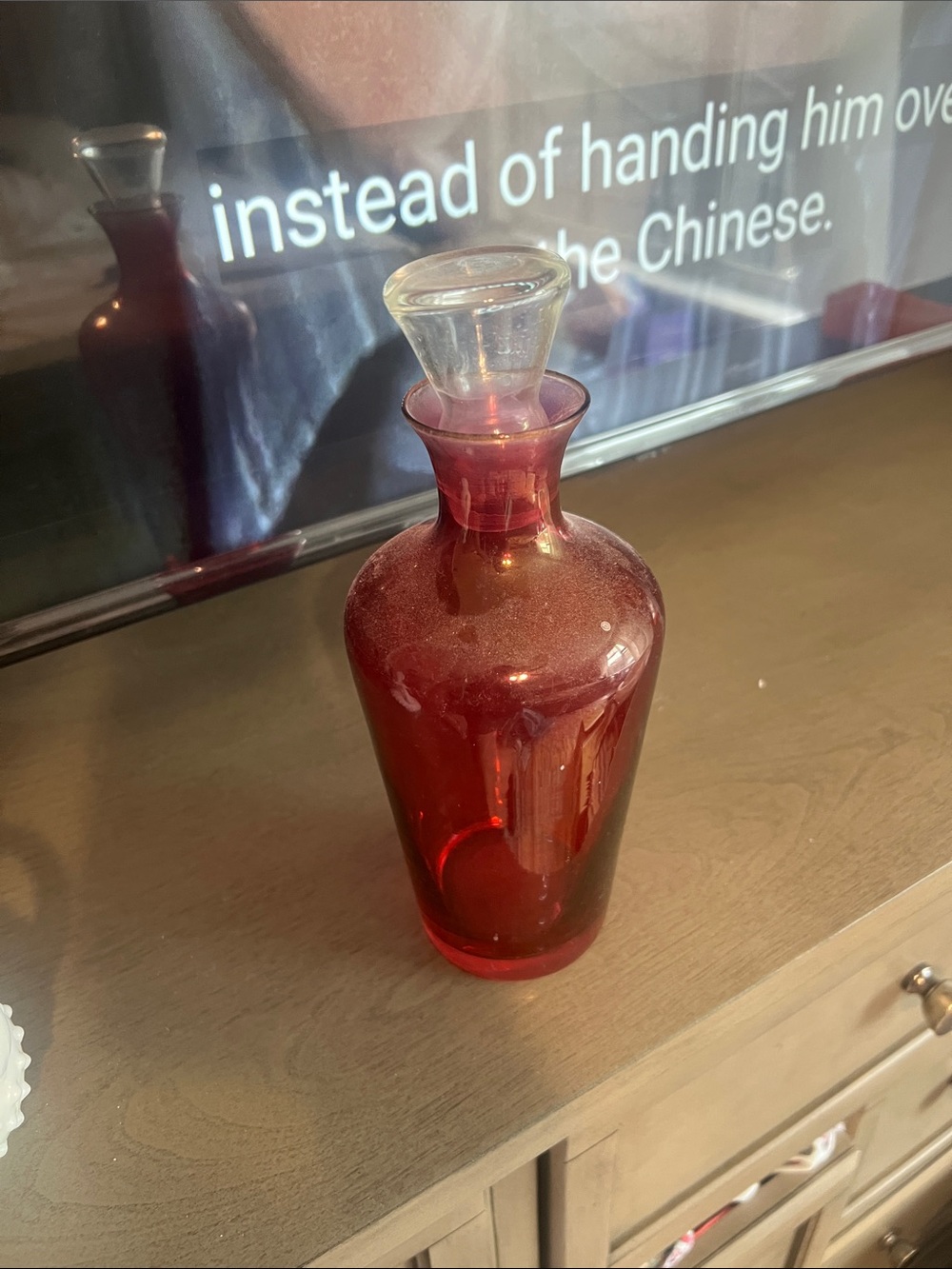 Pink Glass Decorative Decanter with Clear Stopper